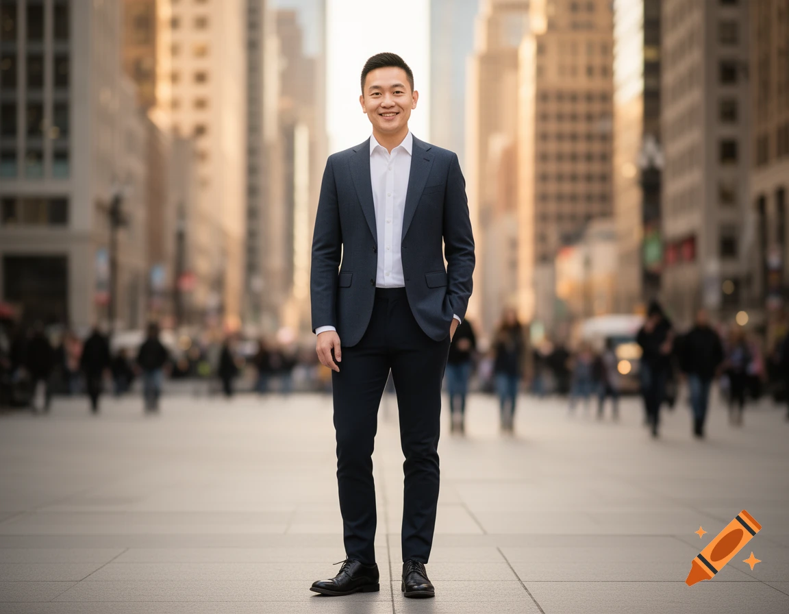 A man in a dark suit stands smiling on a city street with blurred buildings in the background, looking at the camera.