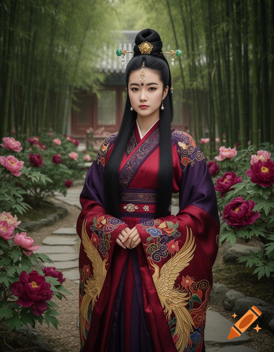 A young woman in a luxurious red and purple Tang Dynasty robe with golden phoenix embroidery stands in a lush garden with peonies and bamboo.