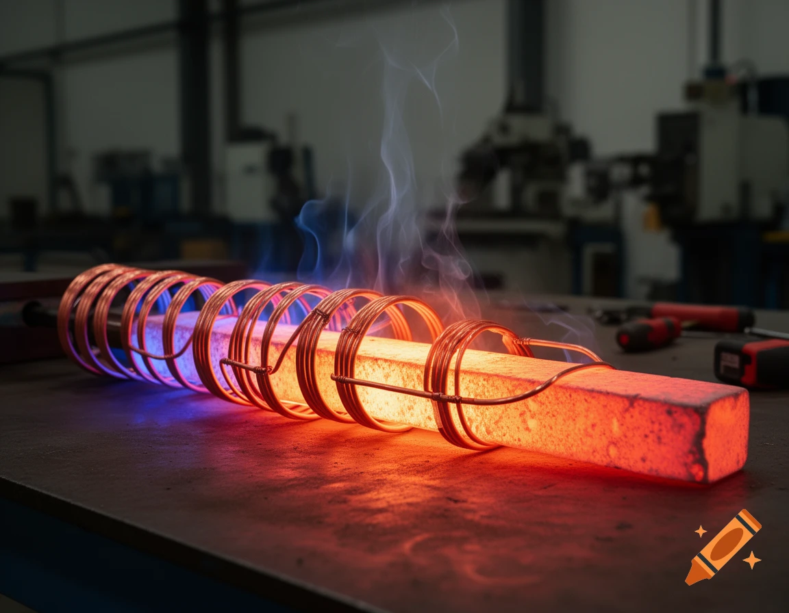 A glowing red metal bar is heated by a copper induction coil, emitting blue smoke in a workshop setting.
