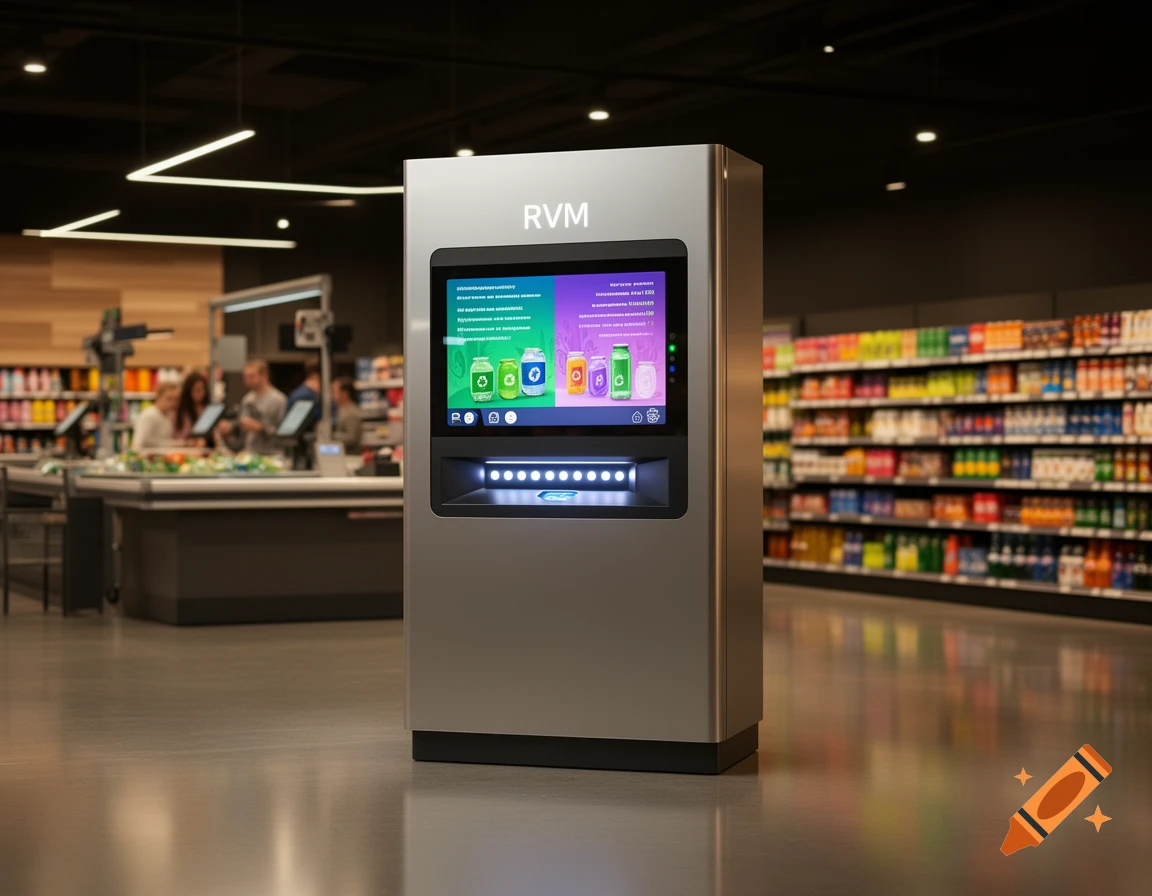 A silver reverse vending machine (RVM) with a digital screen showing recycling information stands on a polished floor in a modern supermarket aisle, with blurred shelves and checkout counters in the background.