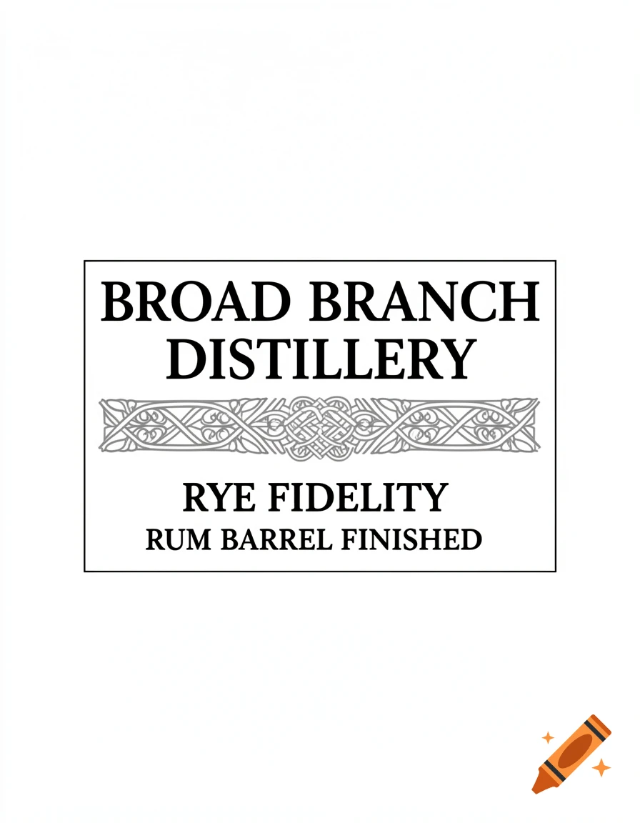 Black and white bottle label for Broad Branch Distillery Rye Fidelity Rum Barrel Finished, featuring a Celtic knot design.