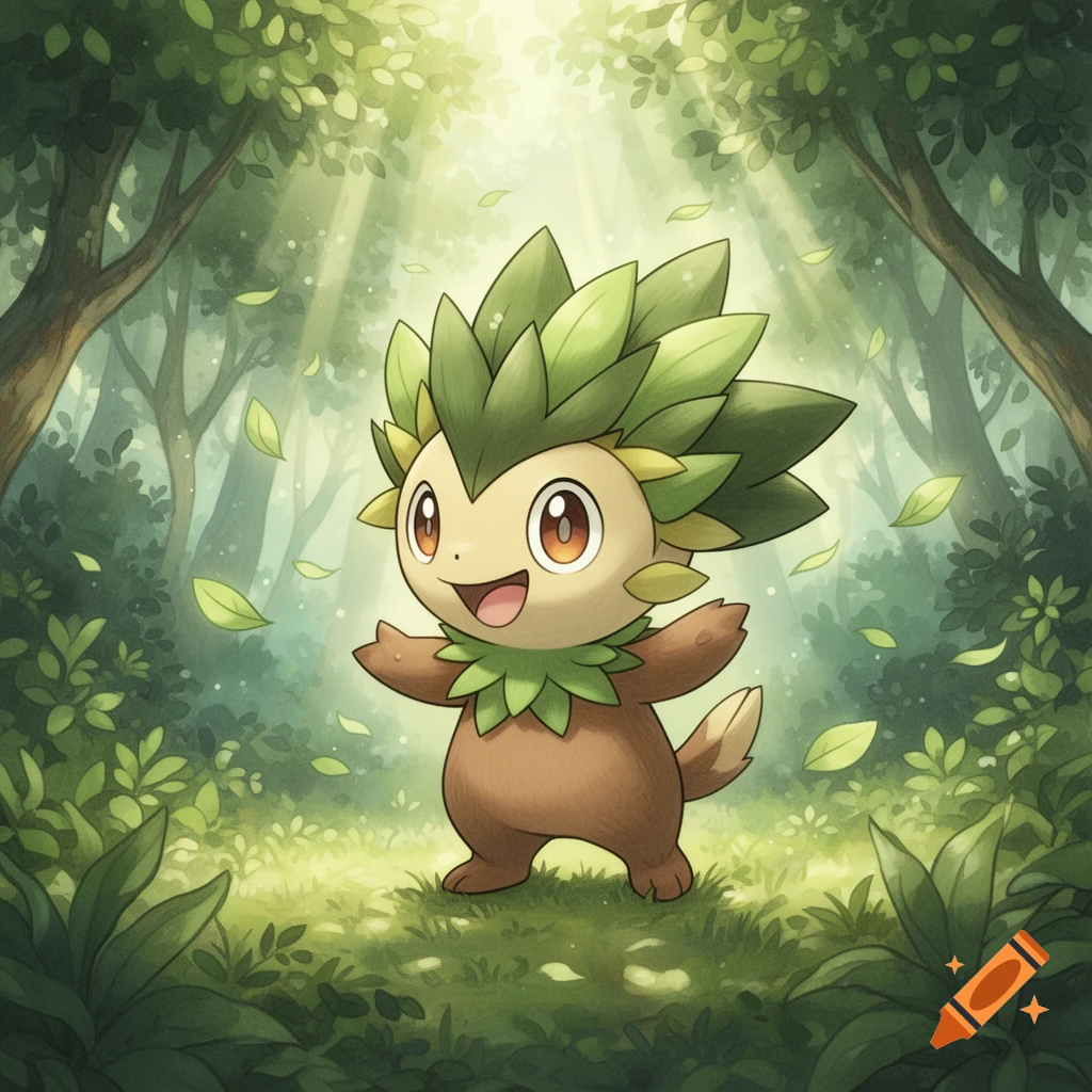 A cute, cartoonish, brown and green plant-like creature with large eyes and a smiling face stands in a sunlit forest.
