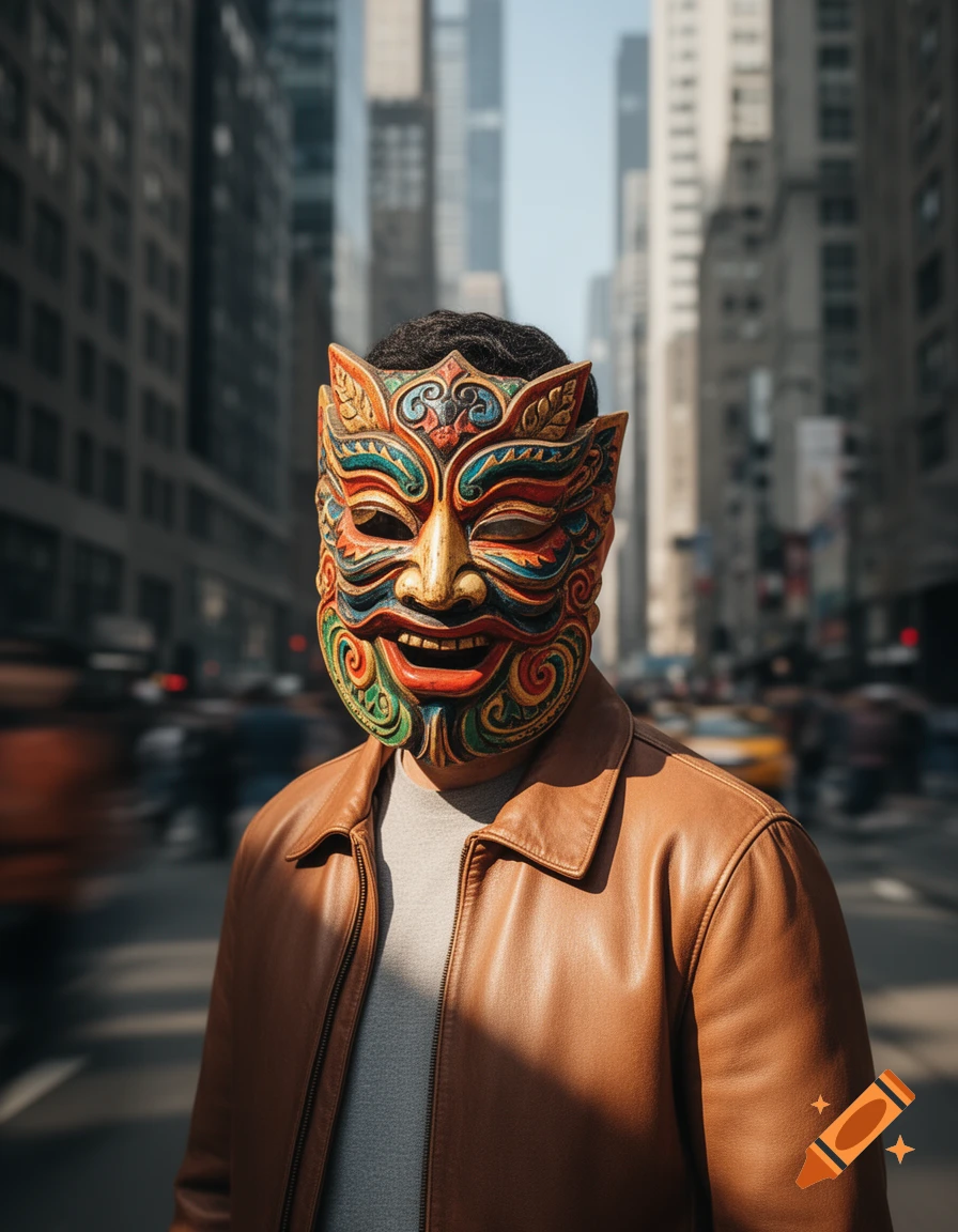 A person in a brown leather jacket and a vibrant, ornate mask stands in a blurry city street.