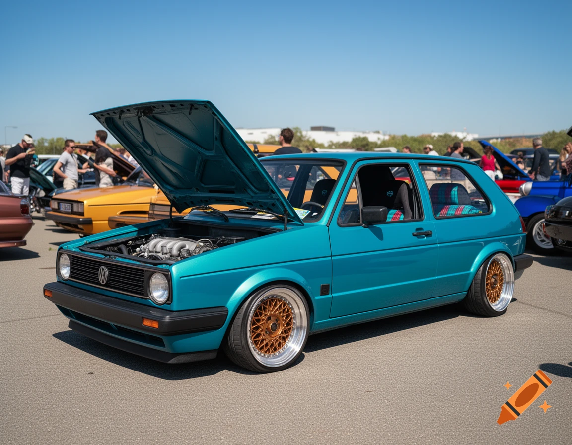Photorealistic image of a teal VW Golf Mk2 with its hood open, showcasing the engine at a sunny outdoor car meet.