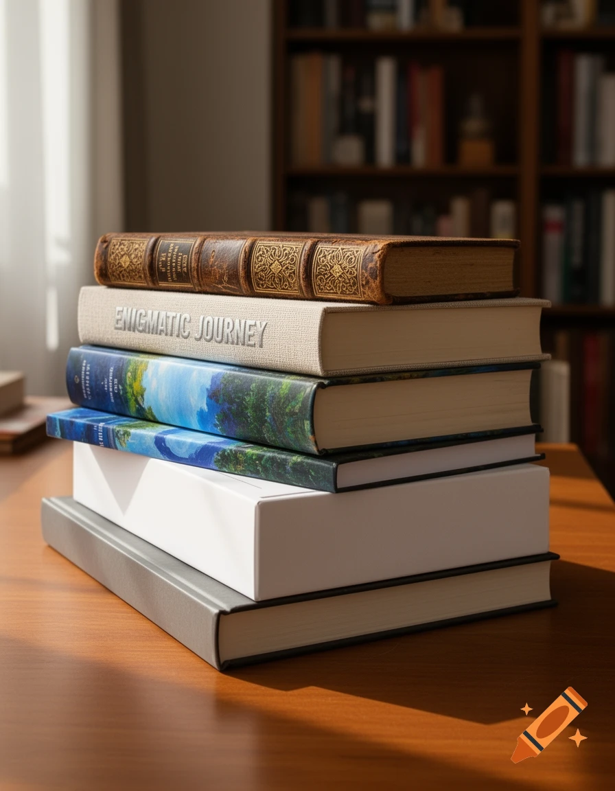 A stack of photorealistic books on a wooden table, with 'Enigmatic Journey' on one cover and a blurred library behind.
