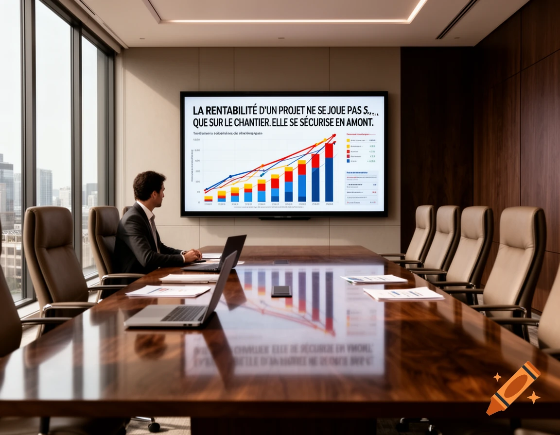 A man in a suit sits at a large conference table, looking at a wall-mounted screen displaying a complex graph and text in a modern office.