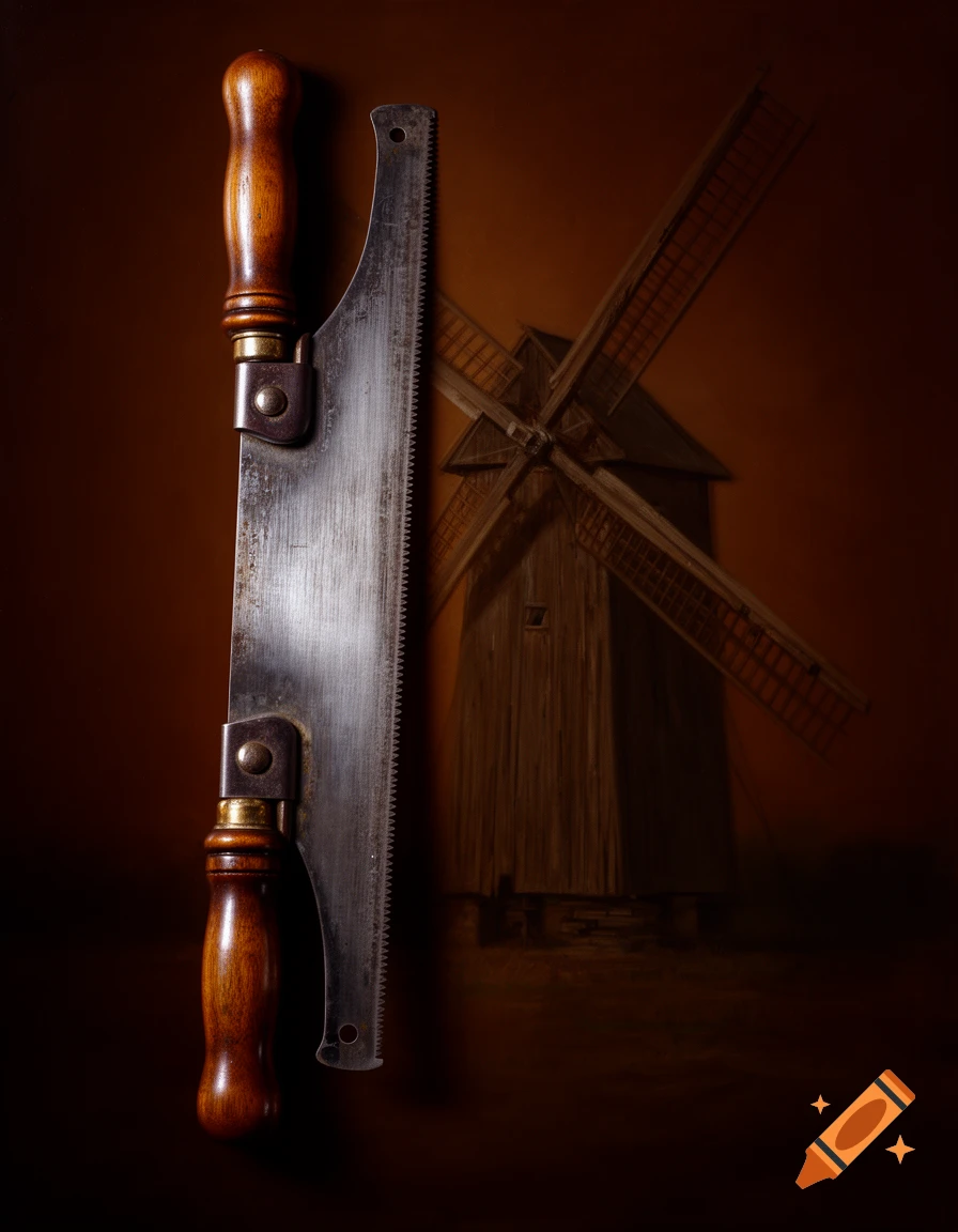 An antique handsaw with a wooden handle stands vertically against a dark brown background, with a blurred windmill visible in the distance.