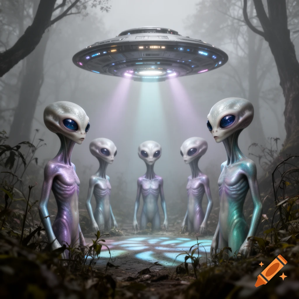 Five grey aliens stand in a misty forest, illuminated by colorful beams from a hovering UFO.