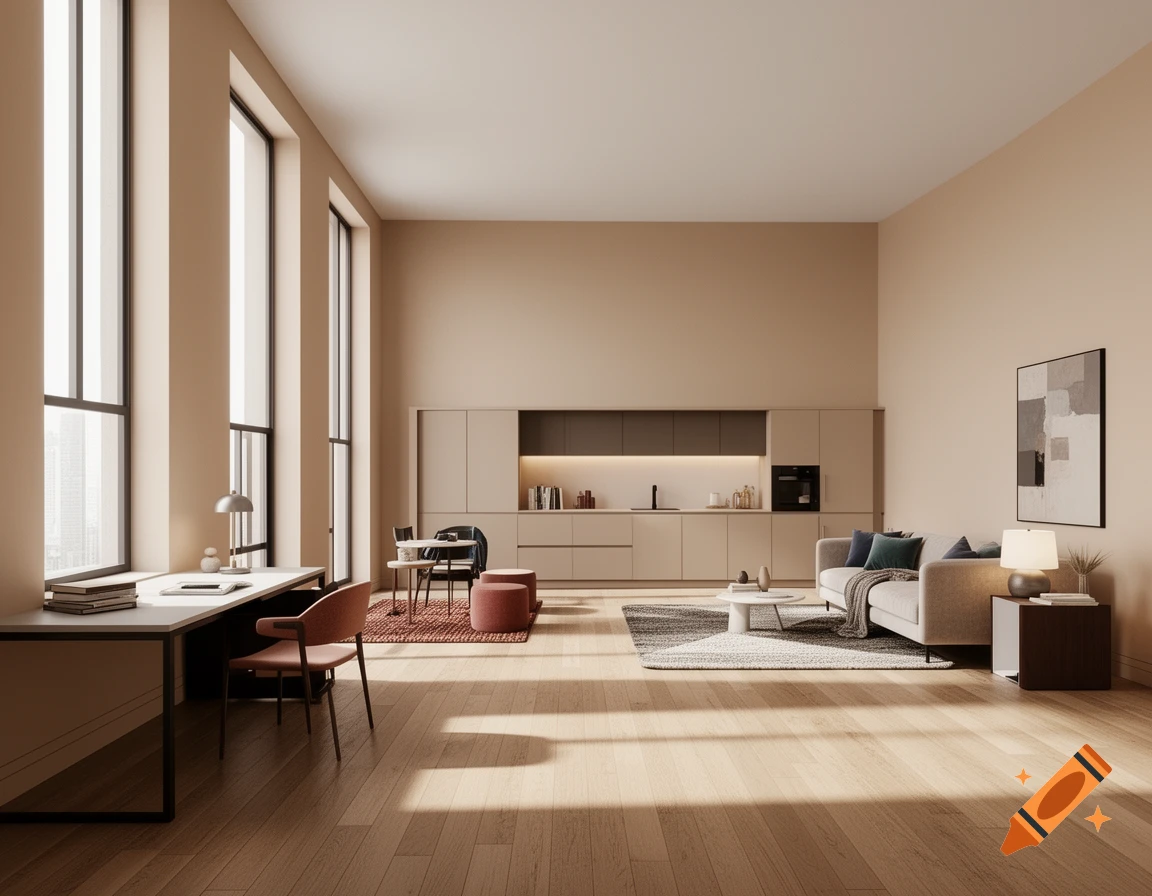 A spacious, modern apartment interior with a living room, kitchen, and office desk, featuring large windows and neutral colors.