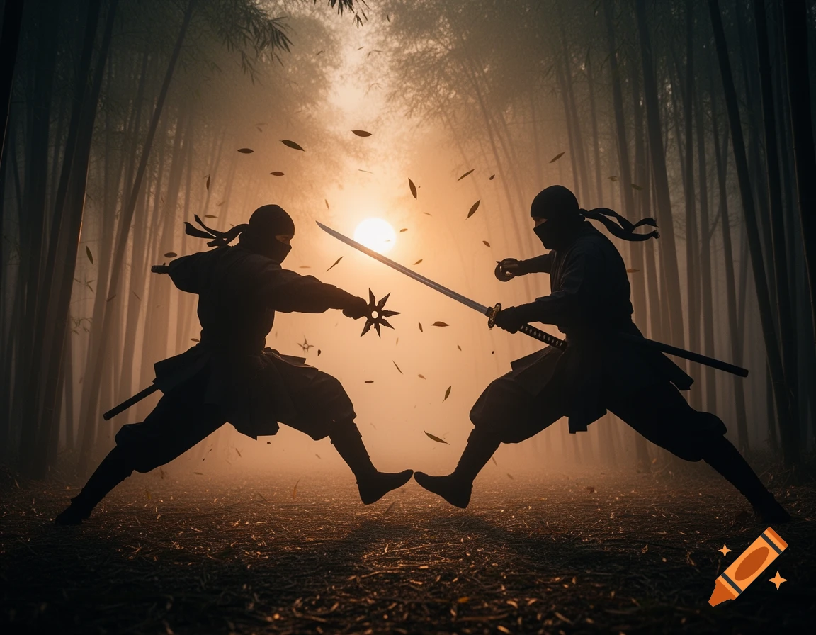 Silhouettes of two ninjas fighting with swords and shurikens in a hazy bamboo forest at sunset.