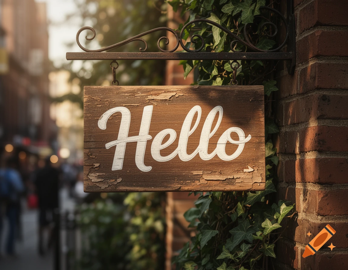 A rustic wooden 'Hello' sign hangs from a decorative iron bracket on a brick wall covered in ivy, with a blurry street in the background.