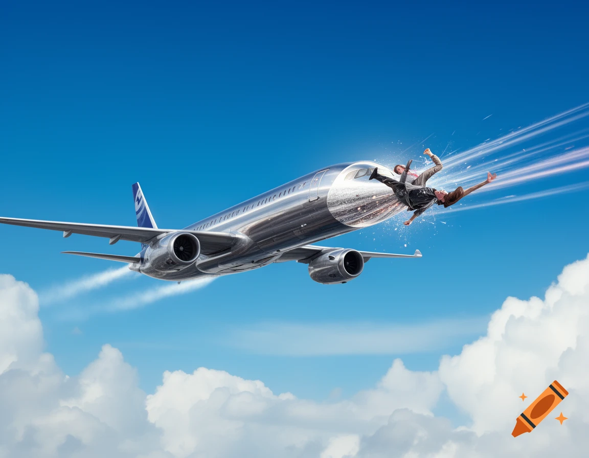 A stylized image of an Airbus plane flying through a blue sky with clouds, as two people are forcefully ejected from its nose, surrounded by light streaks and splashing effects.