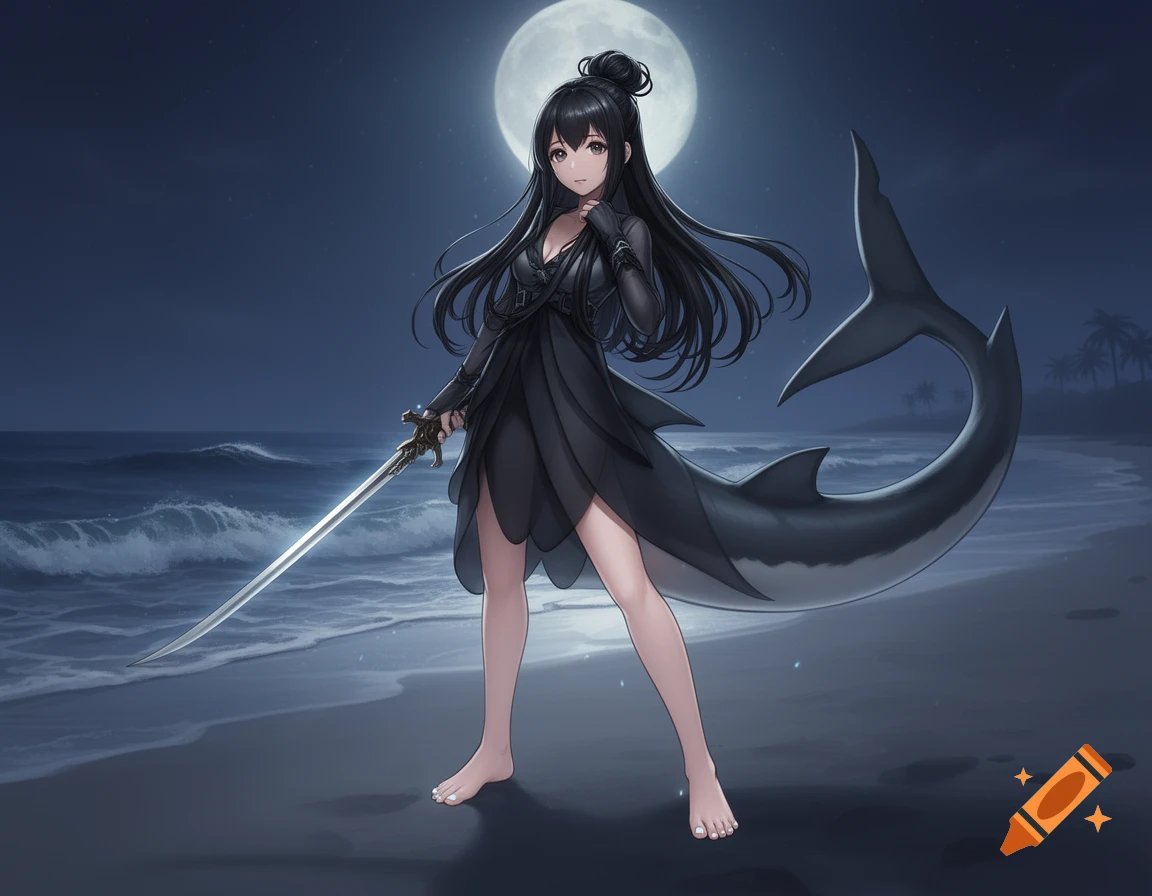 Anime girl with long black hair in a bun and a shark tail stands barefoot on a moonlit beach, holding a sword.