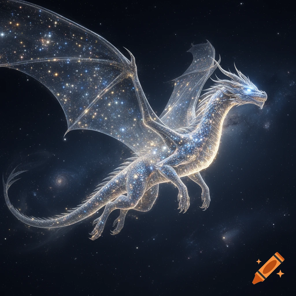 A majestic luminous dragon, composed of stars and light, flies through a dark cosmic space filled with galaxies.