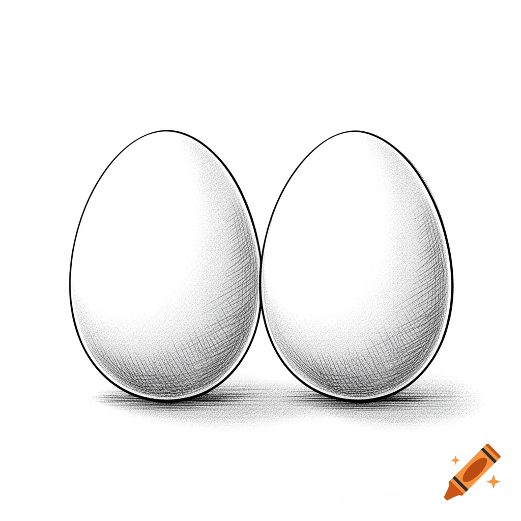 Two white eggs side-by-side, drawn in a black and white sketch style with cross-hatching for shading.