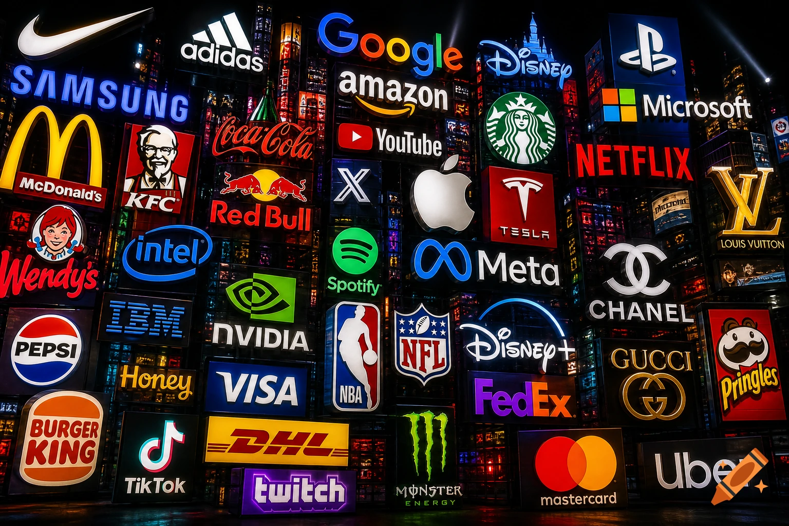 A vibrant collage of famous corporate logos and brand names, illuminated like neon signs on a dark background.