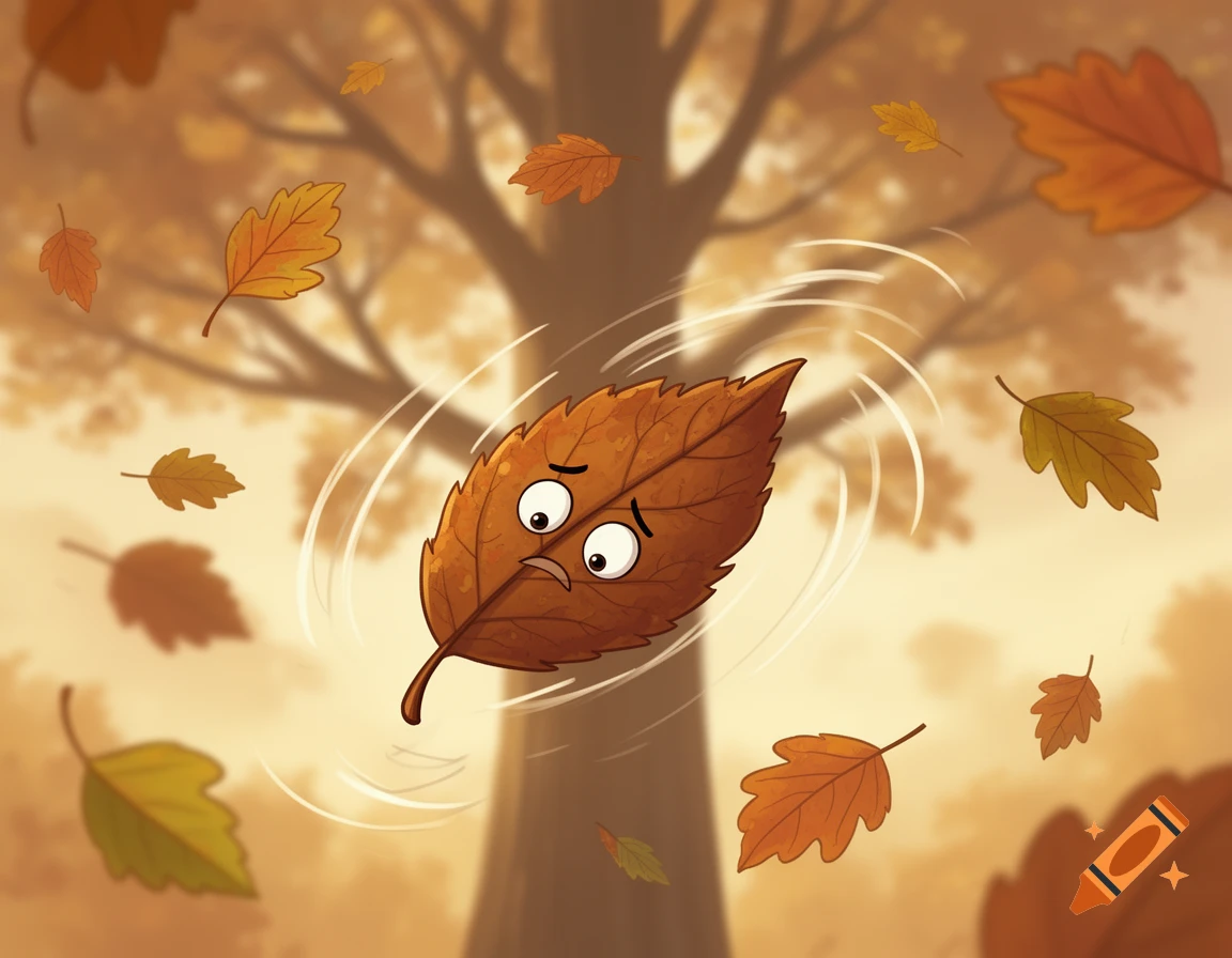 A worried brown cartoon leaf with eyes and a mouth falls from a tree amidst other autumn leaves in a forest.