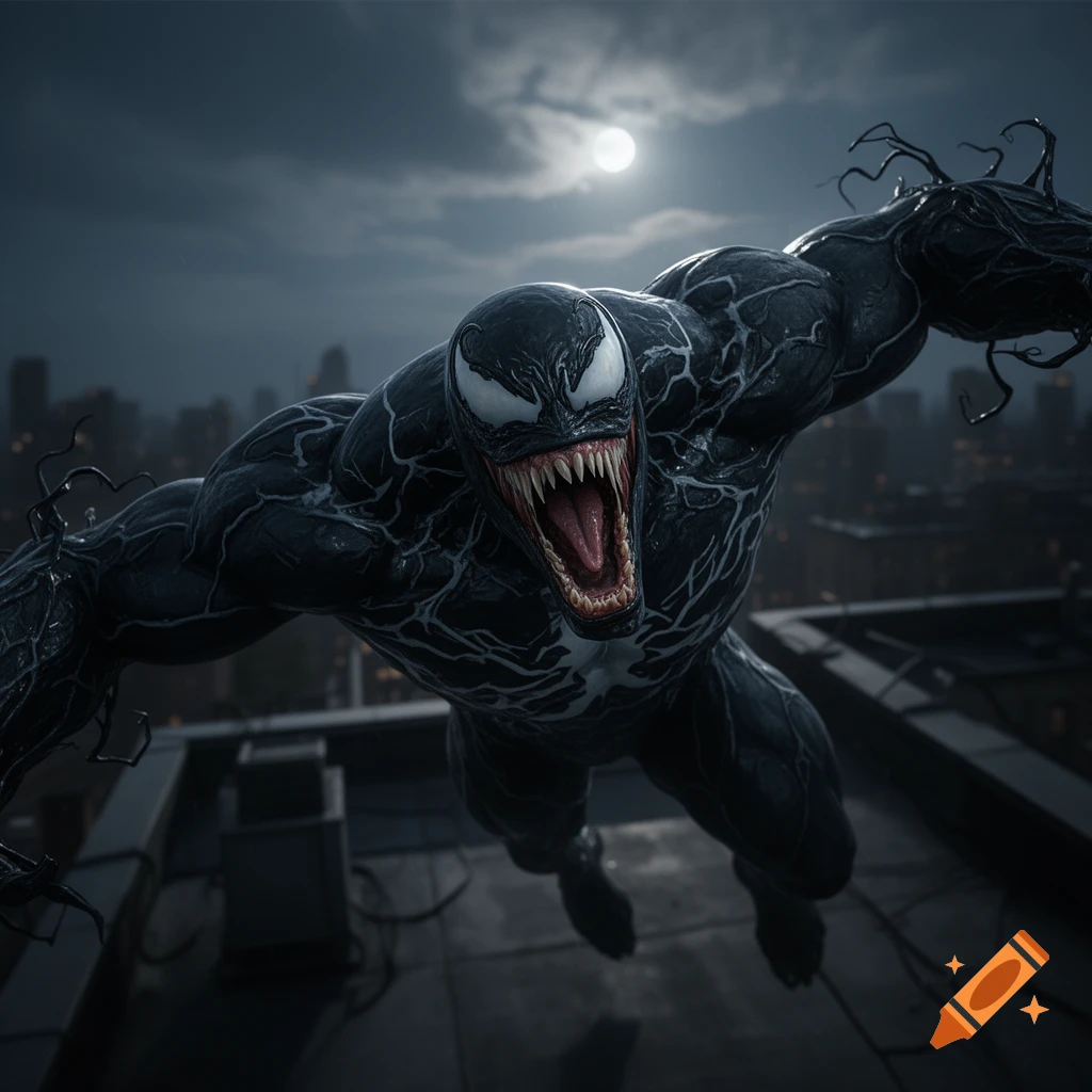 Venom, a black creature with white eyes and sharp fangs, lunges above a dark city rooftop at night with a full moon.