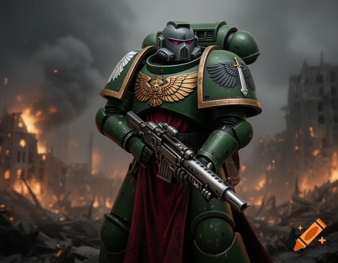 A space marine in green power armor with a rifle stands in a burning, war-torn city under a smoky sky.