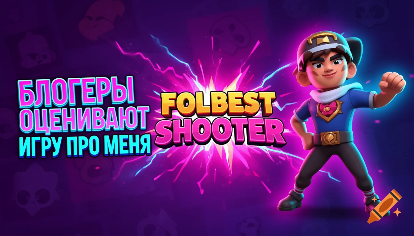 Cartoon boy character in a game art style against a vibrant purple and pink background with text for 'FOLBEST SHOOTER'.