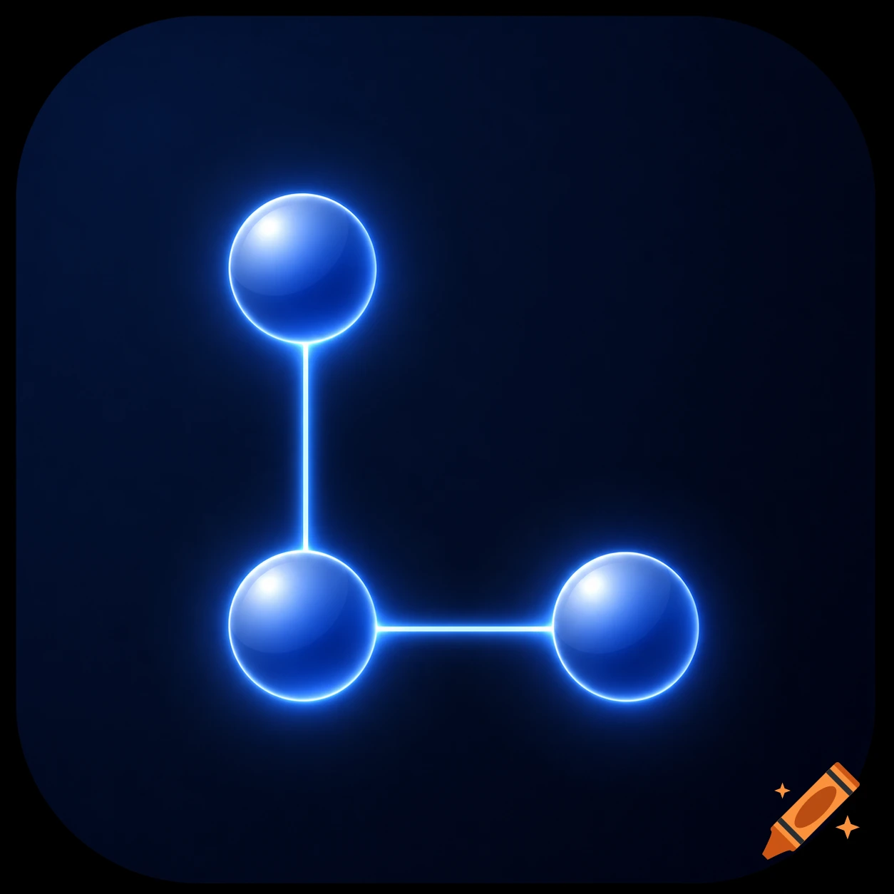 A minimalist blue network symbol with three glowing nodes connected by lines, subtly forming an 'L' shape, on a dark blue background.