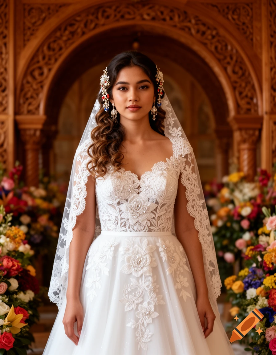 A young woman in a white lace wedding dress with elaborate floral hairpins stands in a richly carved wooden interior with colorful flowers.