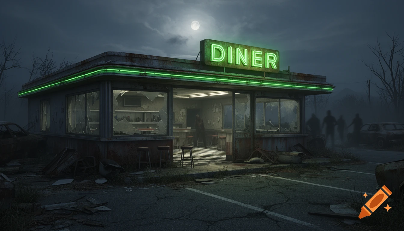 A dilapidated neon diner glows under a full moon at night, surrounded by abandoned cars and blurry zombie figures in the foggy distance.