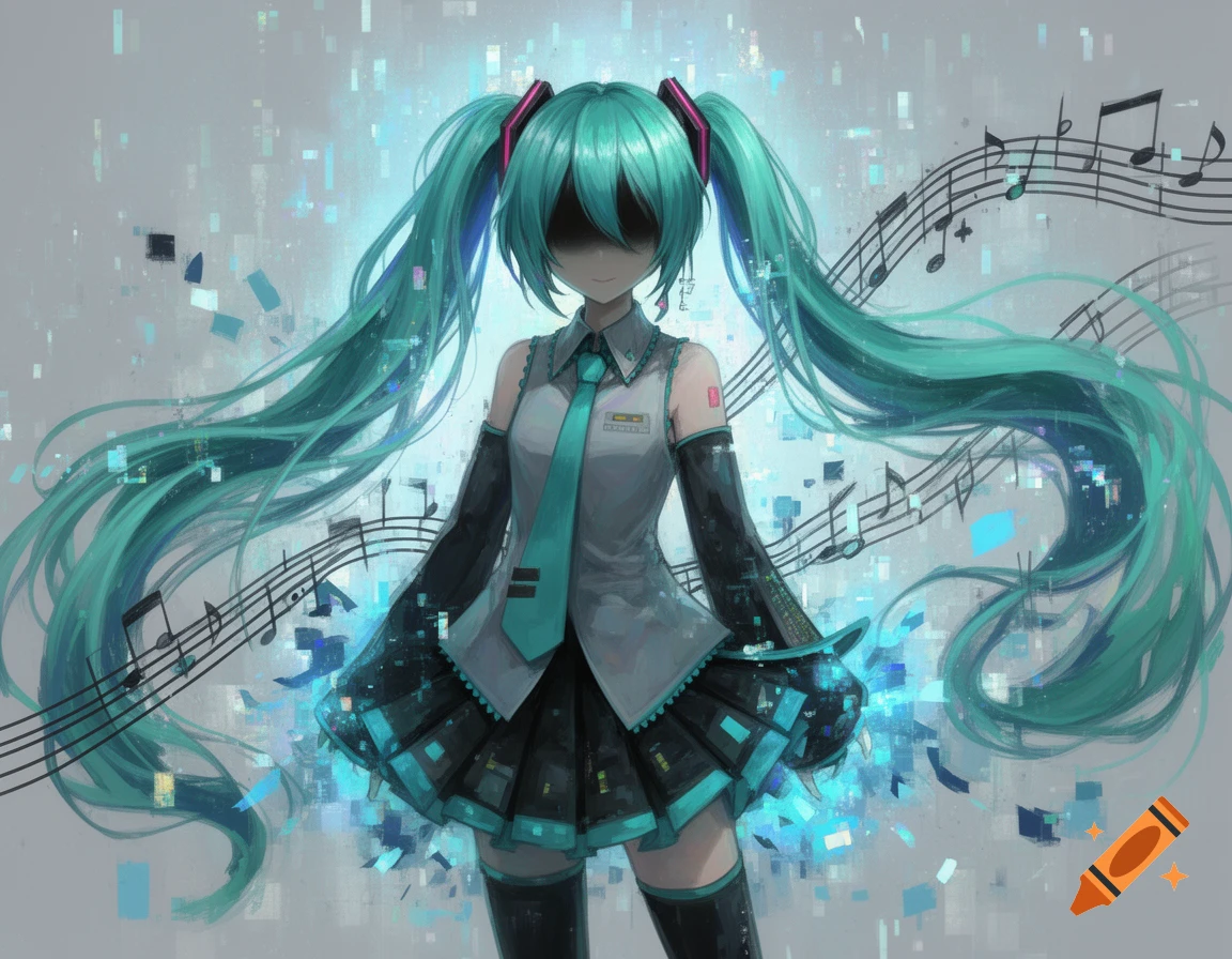 Anime character Hatsune Miku with blacked-out eyes, teal pigtails, a uniform, surrounded by musical notes and digital glitches.