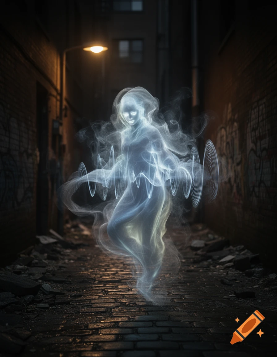 A glowing blue-white ghost with wavy energy floats in a dark, debris-strewn urban alley at night.