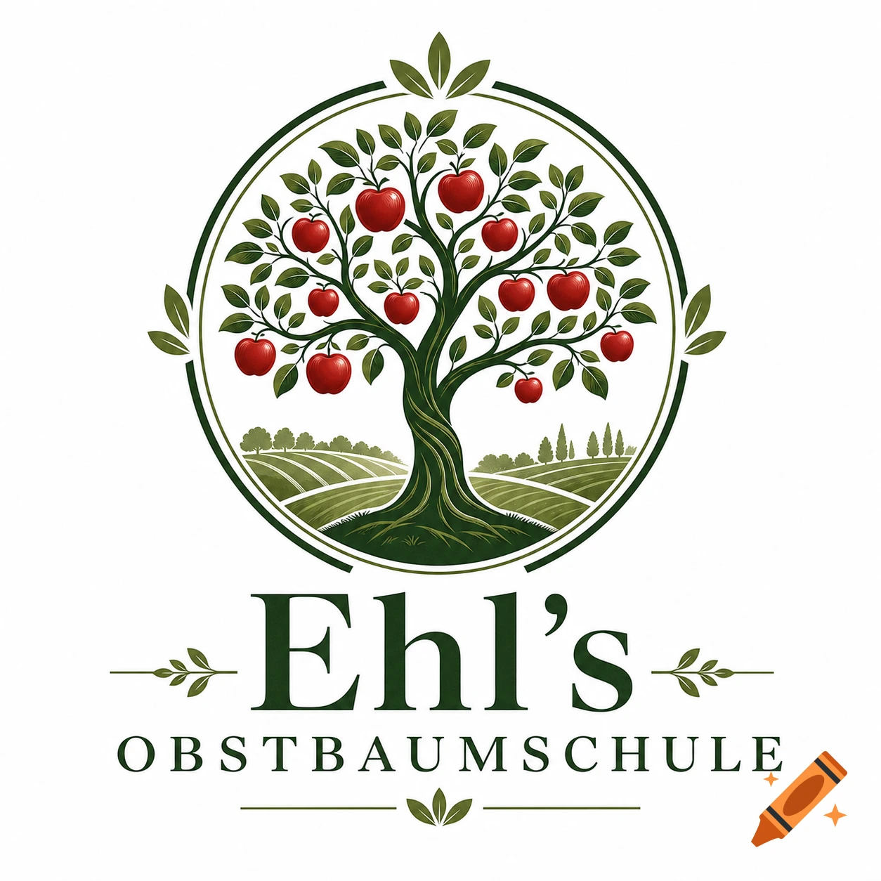 A green and red logo for Ehl's Fruit Tree Nursery, featuring an apple tree in a circular frame with rolling fields.