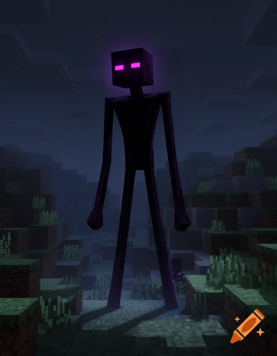 A tall, black Enderman with glowing purple eyes stands in a dark, blocky Minecraft-like landscape.