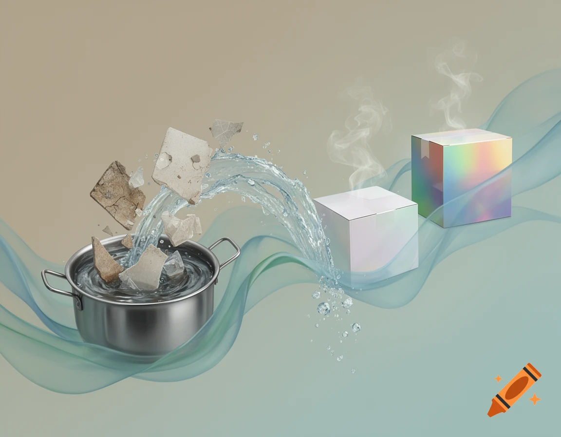 Abstract image showing broken concrete pieces falling into a pot of water, which then streams towards a white box and a holographic box emitting steam, set against a wavy background.