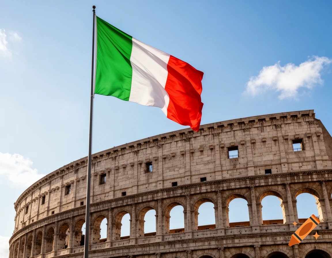 A vibrant Italian flag waving in the wind against a blue sky, with the ancient stone Colosseum prominently featured below.