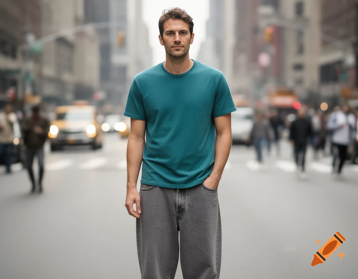 A photorealistic image of a man in a teal t-shirt and grey baggy jeans standing on a busy city street.