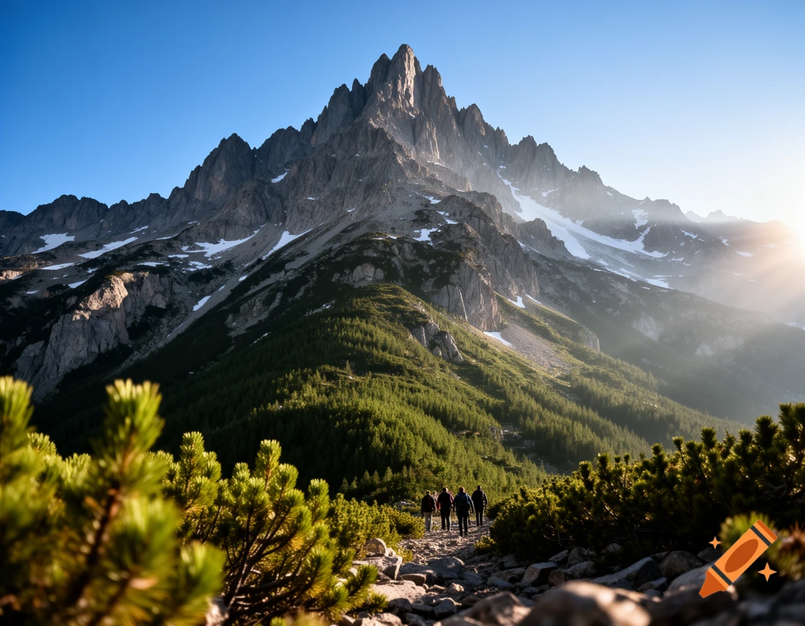 Photorealistic landscape of hikers on a rocky path toward a majestic, sunlit mountain with green forests and snow patches.
