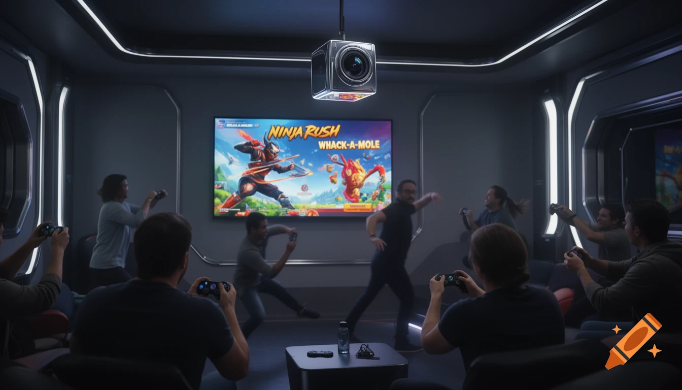 People playing video games in a dark, futuristic gaming room, with a large screen displaying 'NINJA RUSH' and 'WHACK-A-MOLE'.