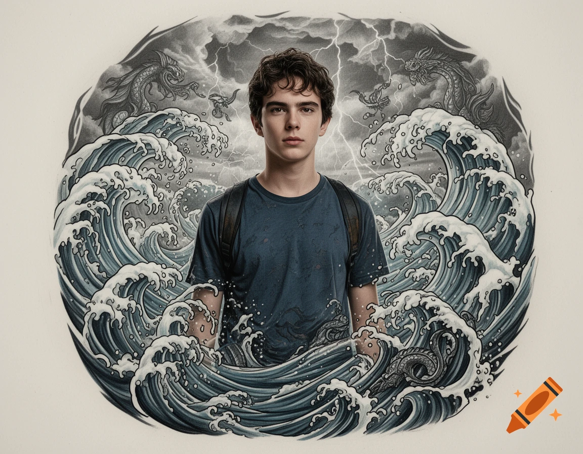 A young man in a blue shirt framed by stylized blue ocean waves, stormy clouds with lightning, and mythical dragons.