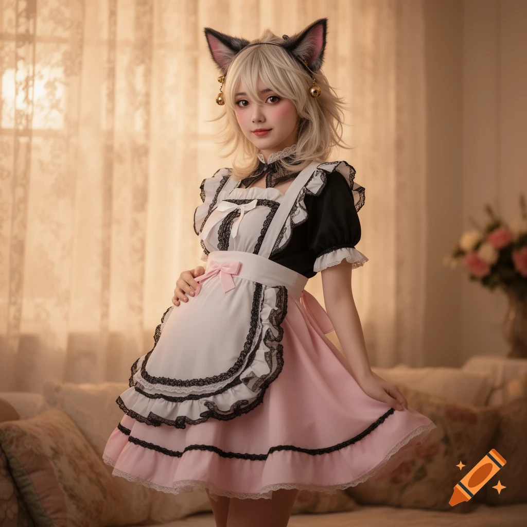 A person with white hair and cat ears wearing a black and white maid dress with a pink apron, standing indoors.