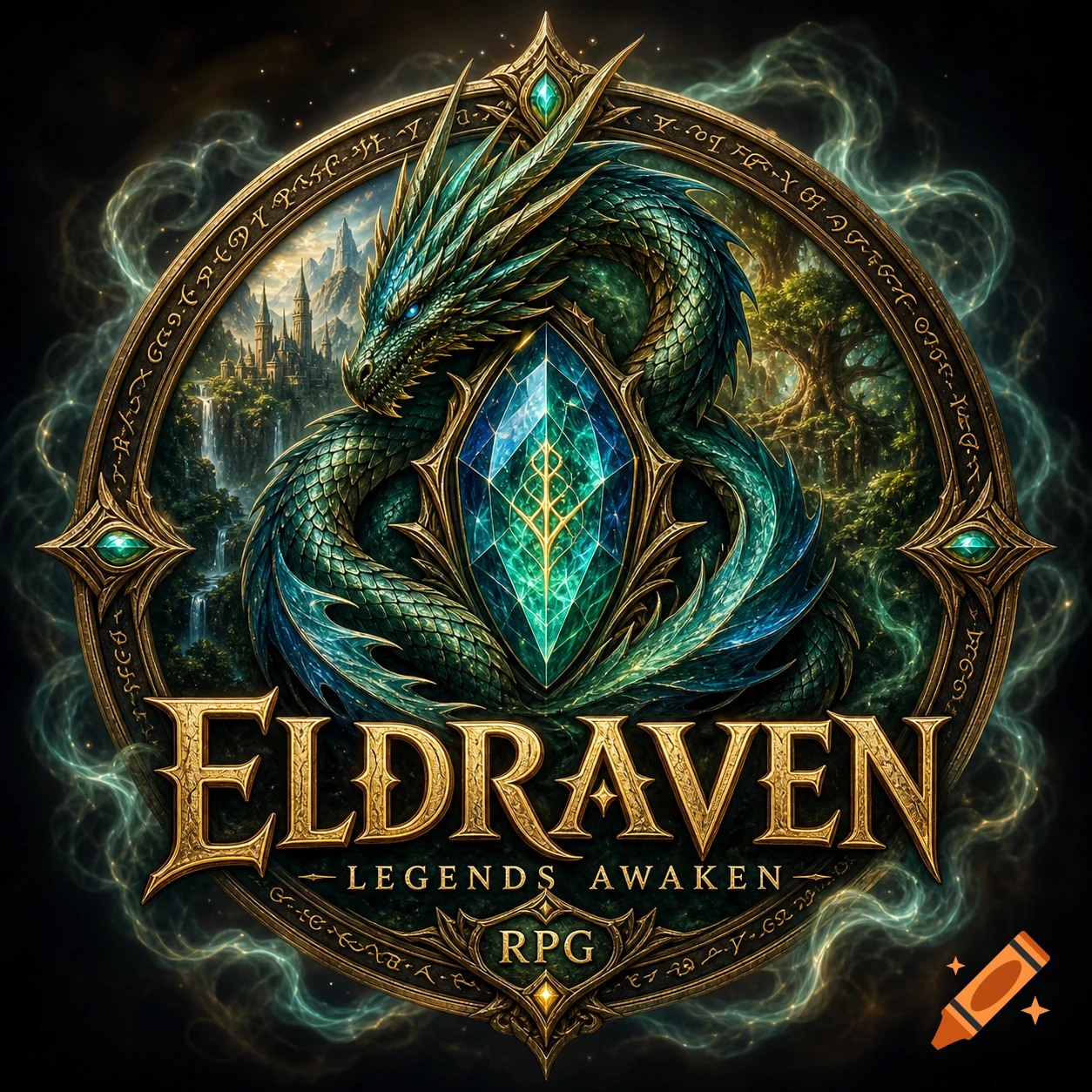 Detailed fantasy RPG logo featuring a green dragon, a glowing gem, castle, and forest, with 'ELDRAVEN LEGENDS AWAKEN RPG' text.