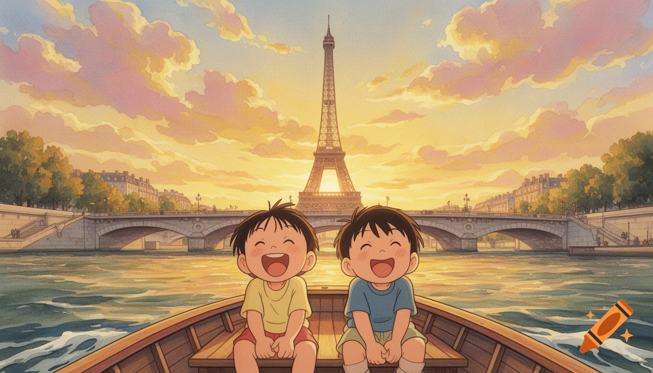 Two joyful children in a boat on the Seine River, smiling at sunset with the Eiffel Tower in the background, in an anime watercolor style.
