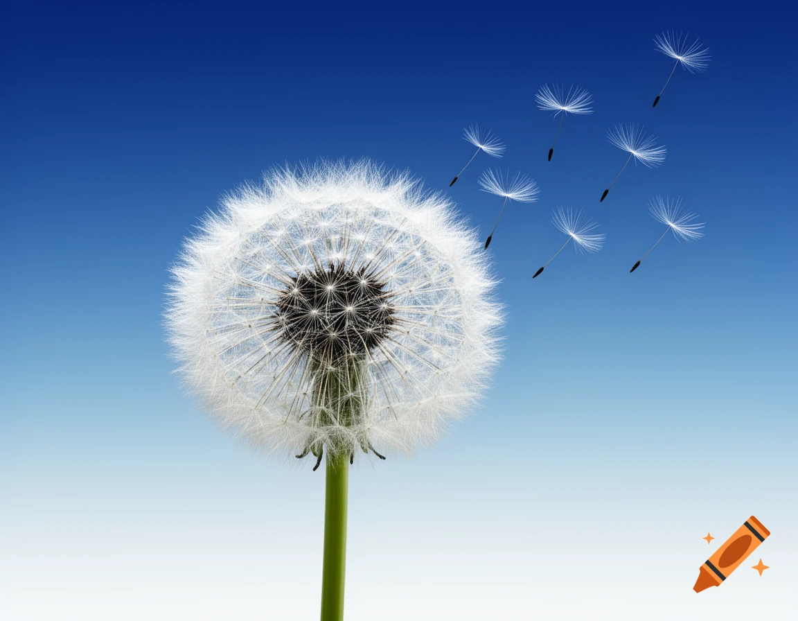 A photorealistic dandelion seed head with delicate white seeds detaching and floating against a gradient blue sky.