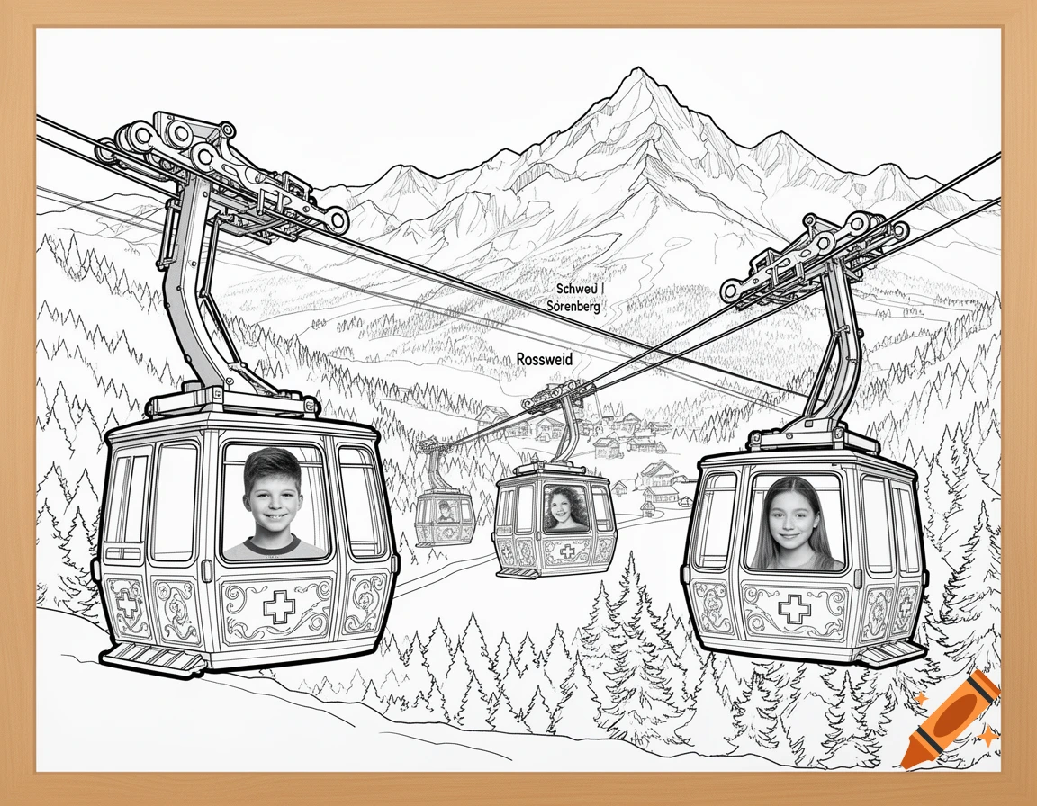 A black and white line art drawing shows cable cars with children's faces in their windows, moving over a mountain landscape with pine trees.