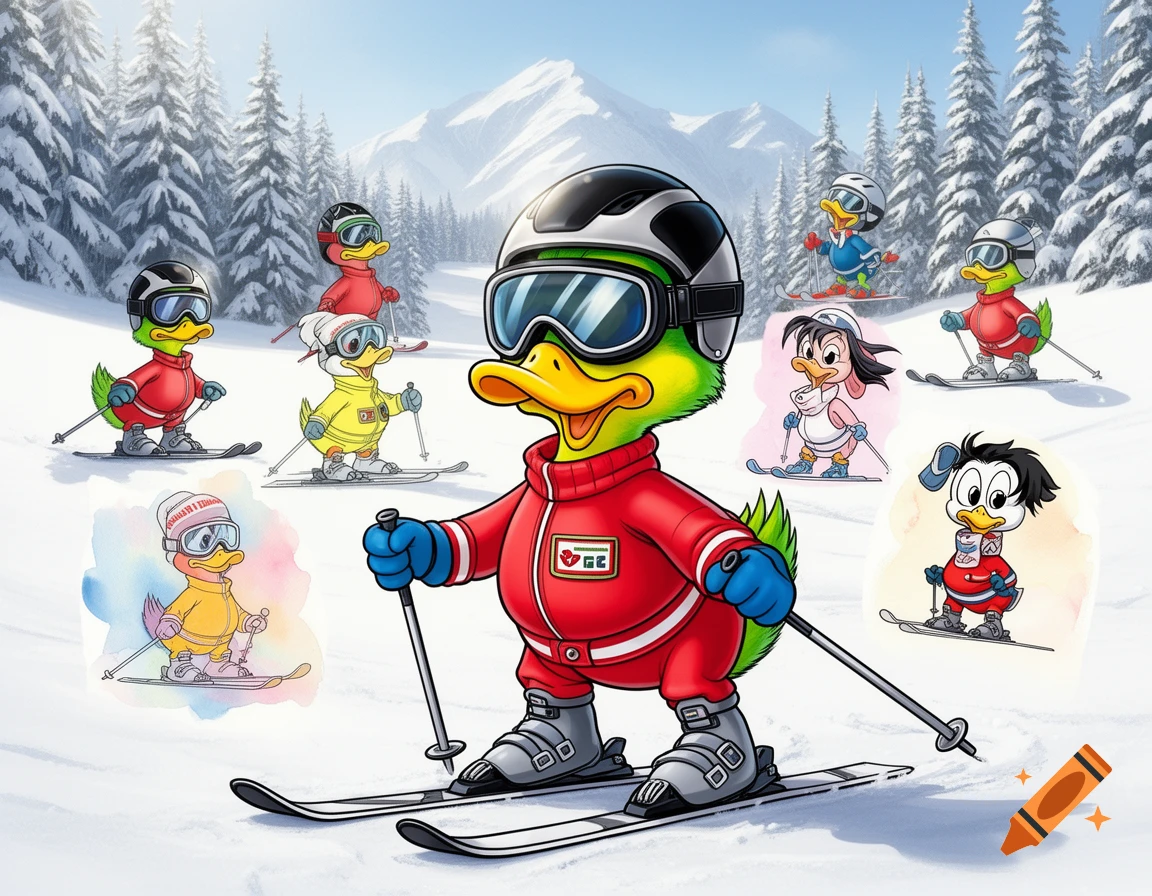A cartoon duck mascot in a red ski suit, helmet, and goggles skis down a snowy mountain, surrounded by other smaller cartoon ducks in various styles also skiing.
