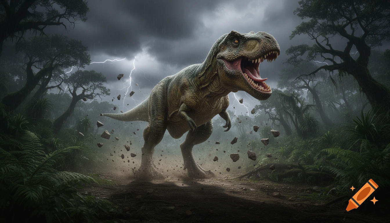 A photorealistic T-Rex roars amidst a stormy jungle, kicking up dust and rocks with lightning flashing.