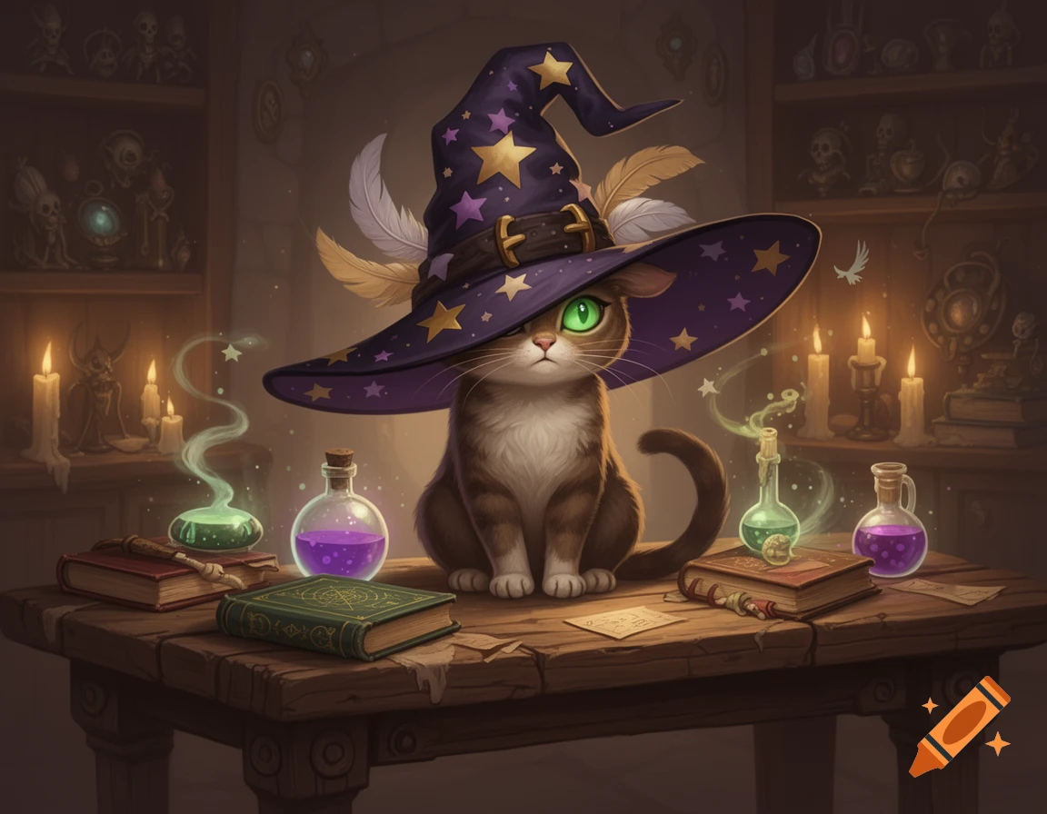 A cartoon cat wearing a purple witch's hat with gold stars sits on a wooden table amidst glowing potions, spell books, and candles.
