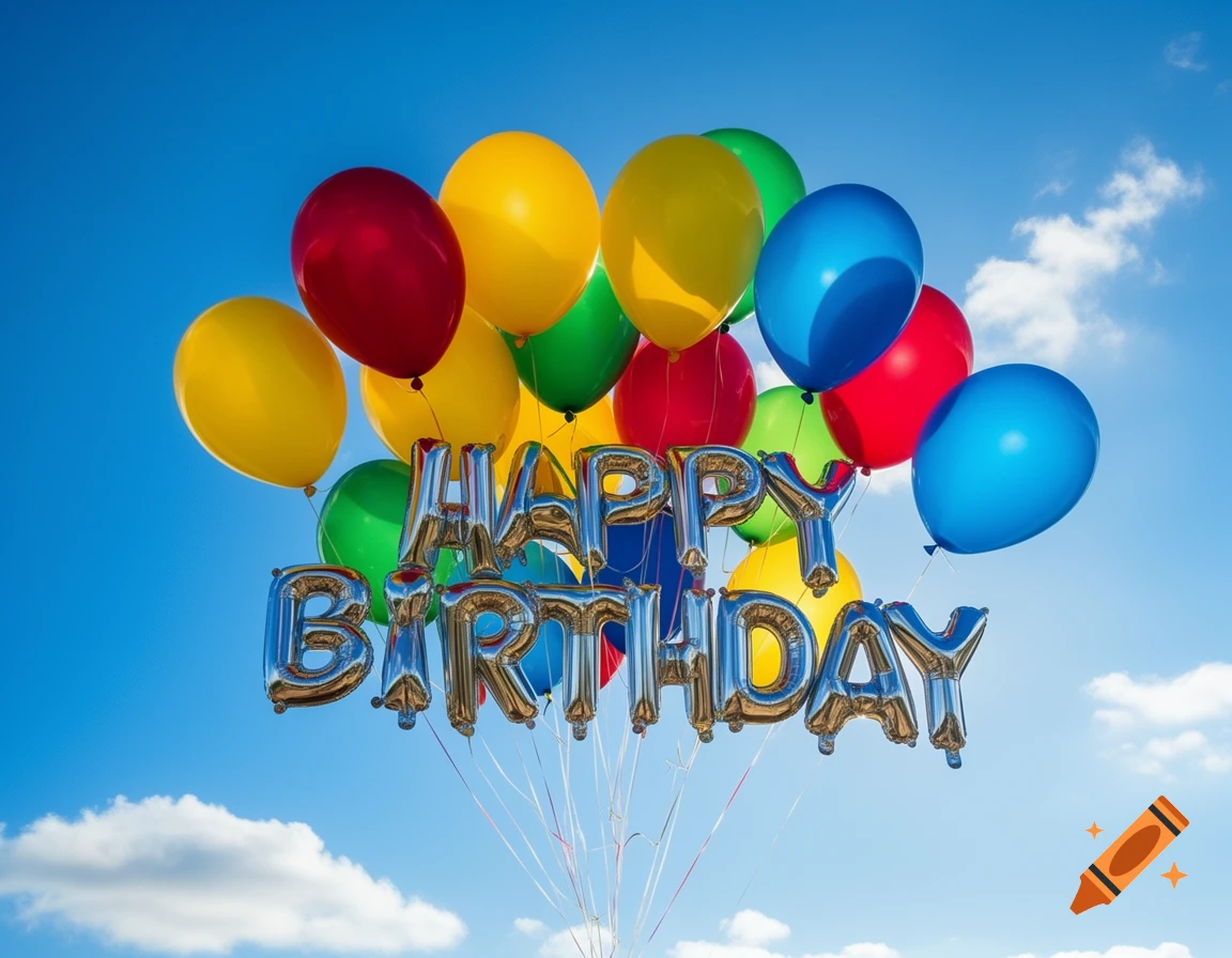 Vibrant red, yellow, green, and blue balloons with silver 'Happy Birthday' foil letters against a clear blue sky.