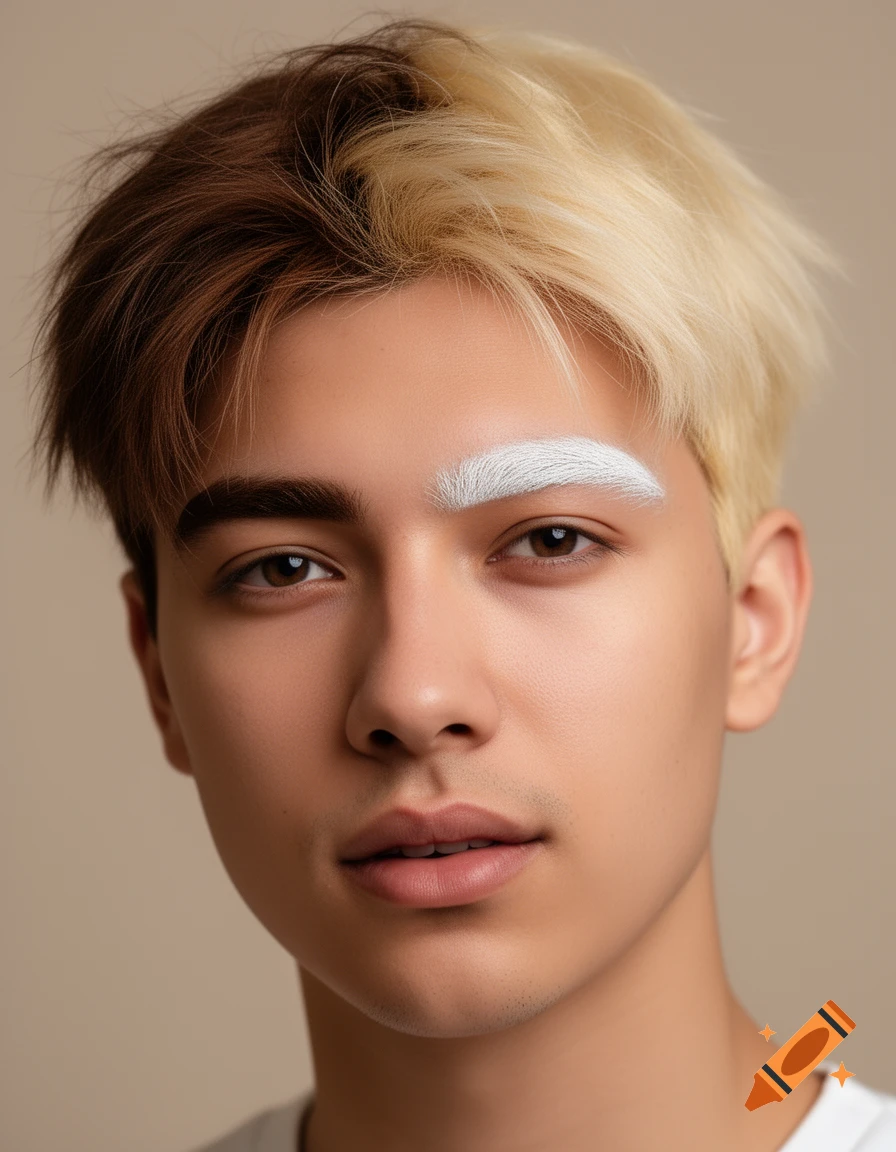 Photorealistic portrait of a nonbinary person with split brown and blonde hair, and one bleached white eyebrow.