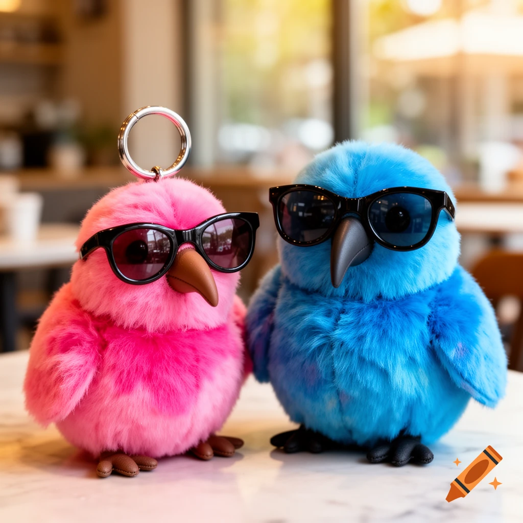 A pink fluffy bird plushie with a keyring and a blue fluffy bird plushie, both wearing sunglasses, sit on a table.