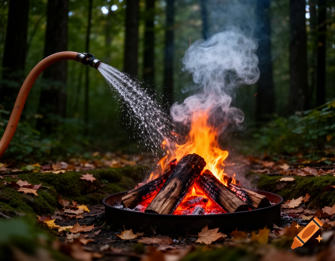 Photorealistic image of a garden hose spraying water onto a campfire in a forest with autumn leaves.