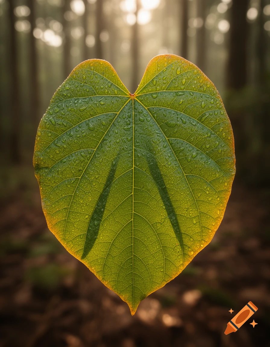 A vibrant green, heart-shaped leaf covered in water droplets, backlit by sunlight in a soft-focus forest.
